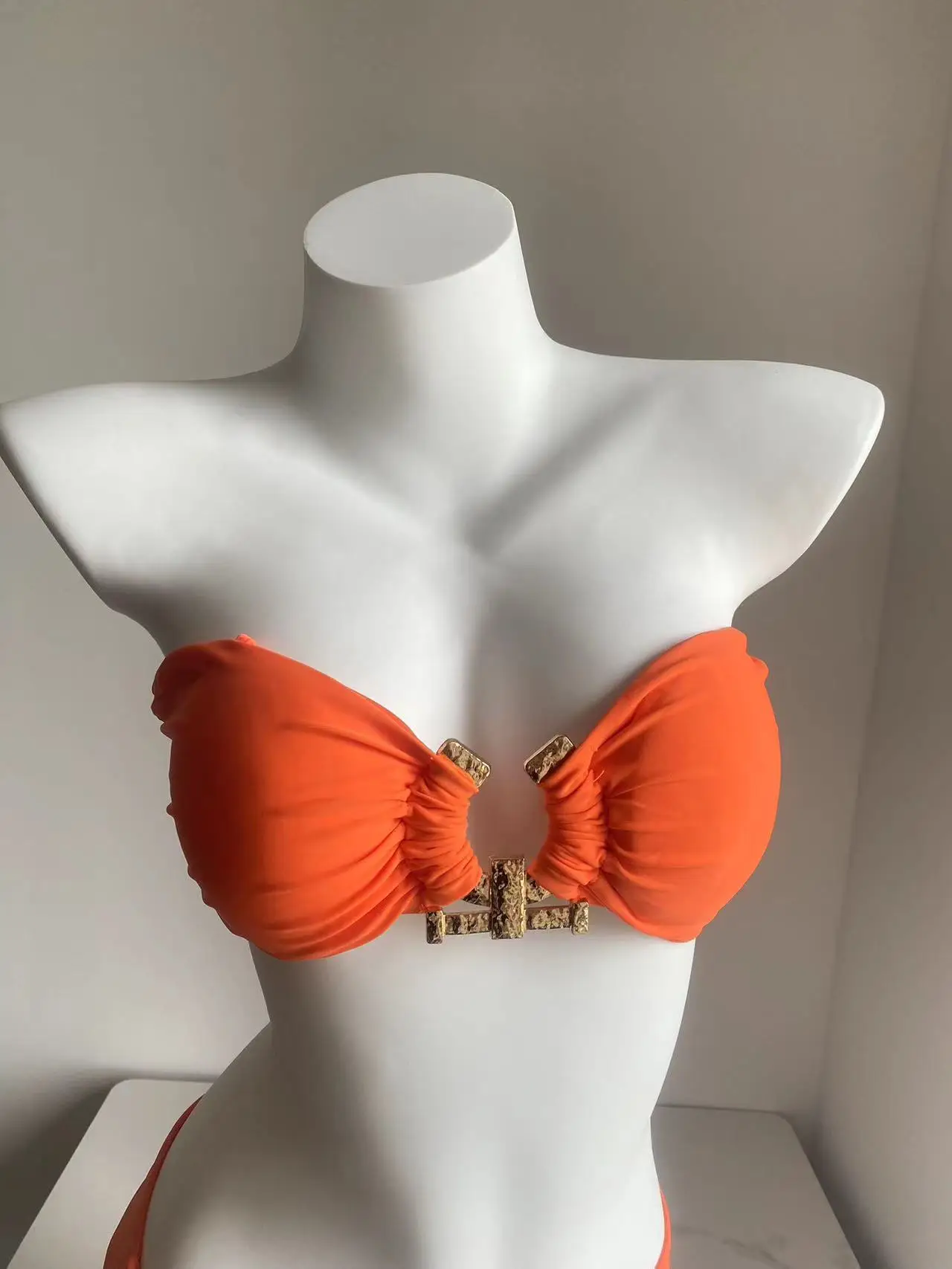 Conjunto de bikini de cintura alta para mujer, bañador Bandeau de color liso, naranja y negro, traje de baño de realce con Tanga, 2024