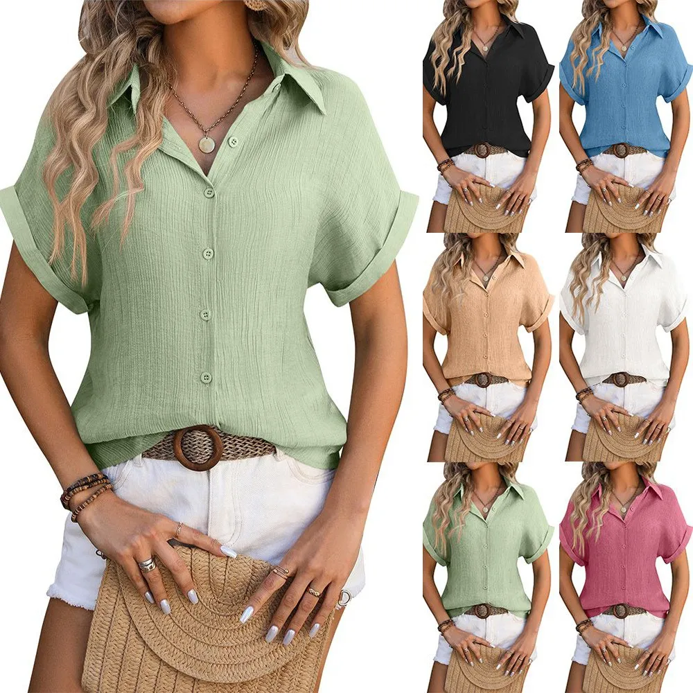 Women'S Causal Blouse Tops Loose Short Sleeved Button Up Tops Daily Commute Simple Solid Color Thin Comfy Lapel T-Shirt