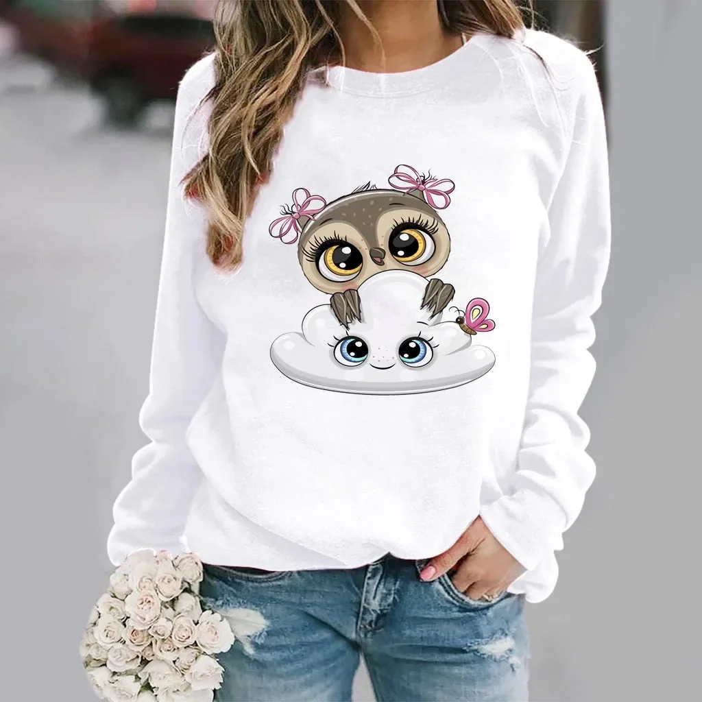 Women\'s Slim-fit Hoodie Fashion Owl Print White Long-sleeved Base Shirt for Women Streetwear Women Clothes Sweatshirt