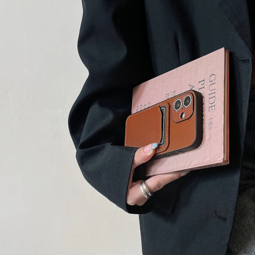 Casing Ponsel Saku Kartu Untuk Iphone 16 15 14 13 Pro 12 11 Max Plus 16Pro Kulit Cincin Lensa Casing Ponsel Kesederhanaan 15Pro Penutup Keras