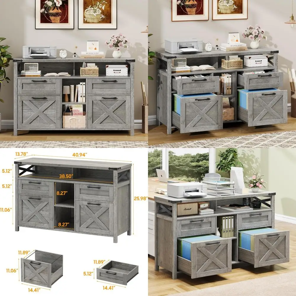 Farmhouse Style 4-Drawer File Cabinet with Adjustable and Open Storage Shelf for Home Office Organization