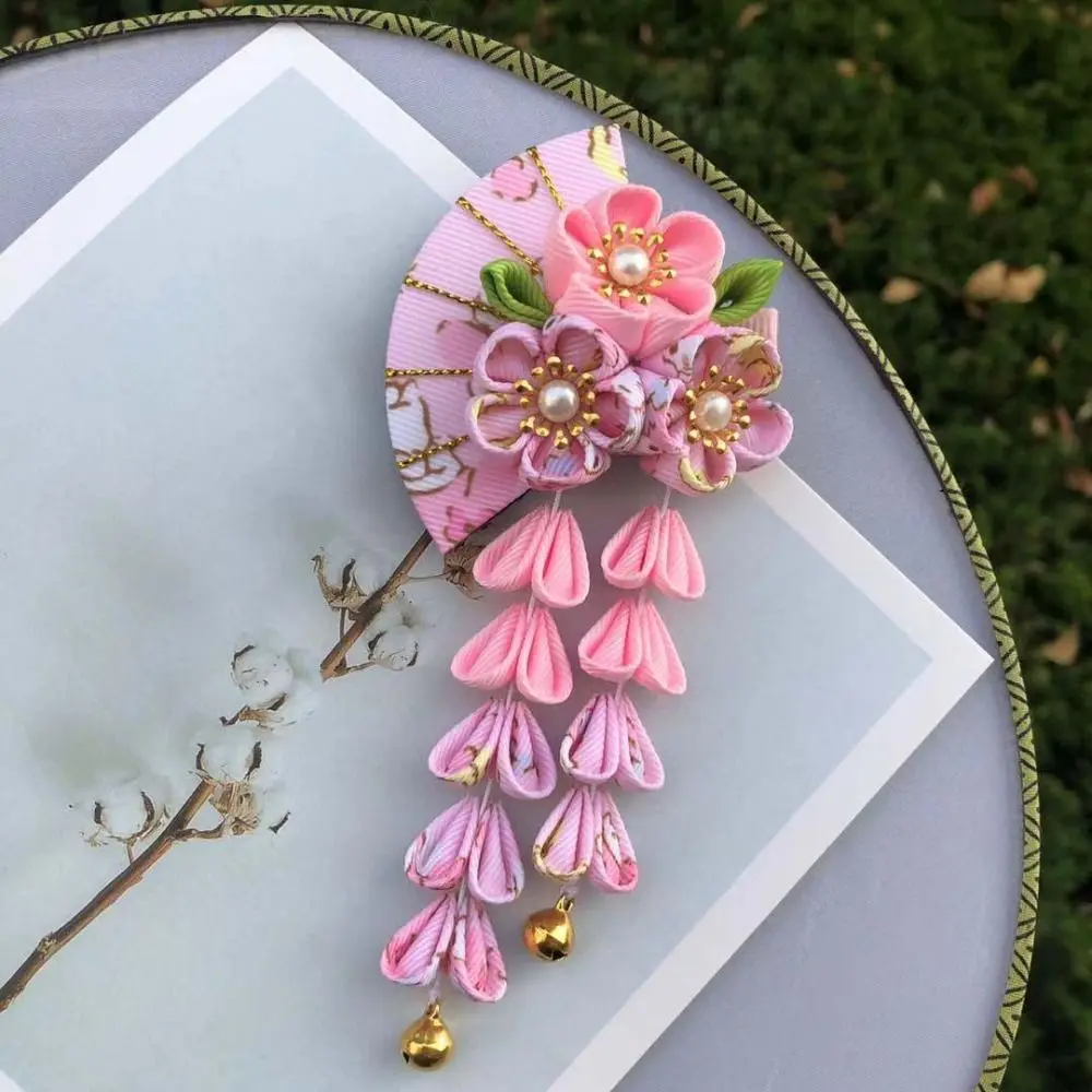 

Lovely Tassels Tassel Fan Hairpin Sakura Cloth Japanese Kimono Headwear Flower Girl Hair Accessories Girls