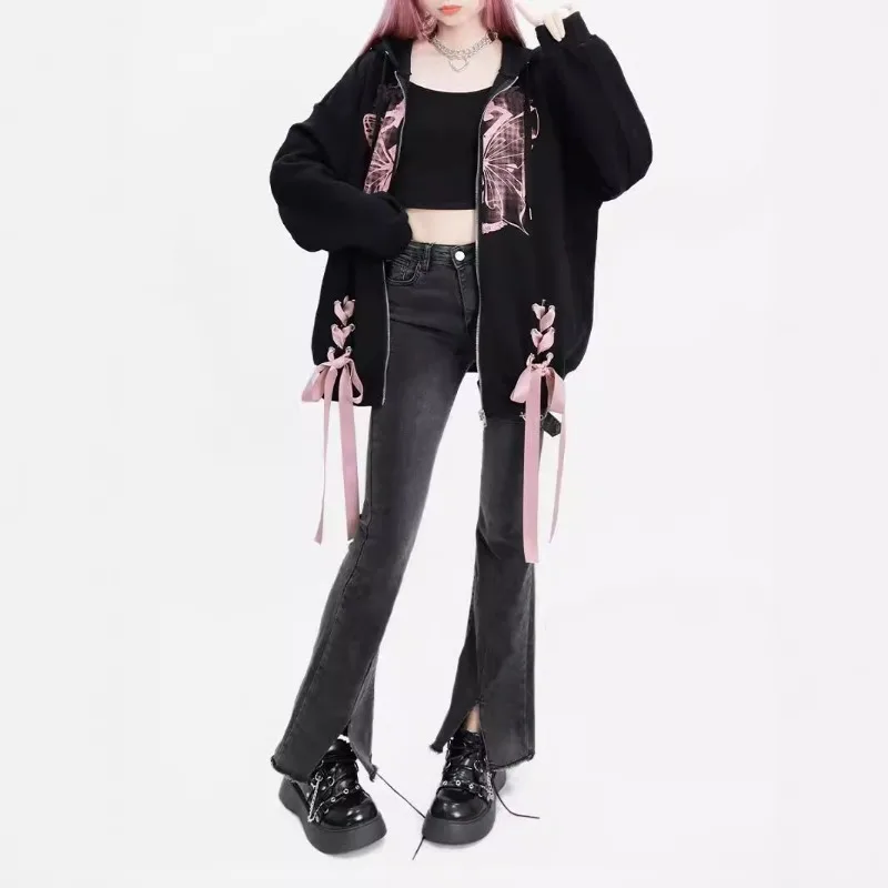 Sweet Euramerican High Street Constrast Color Coats Y2k Aesthetic Cross Lace Up Girl All Match Loose Sweatshirts Autumn Clothes