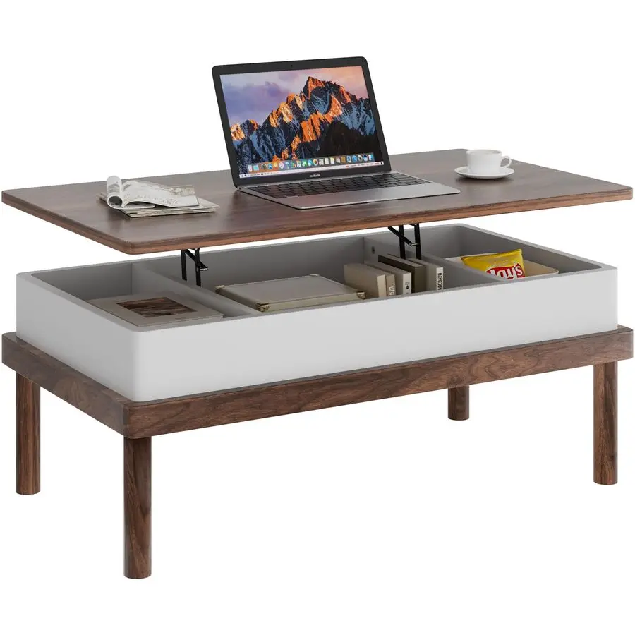 Table basse, table basse relevable avec compartiment caché, table à manger à plateau relevable, table basse relevable pour