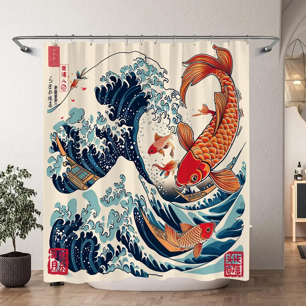 Chinese Japanese Koi Ink Painting Shower Curtain Red Cherry Blossom Wave Fish Watercolour Painting Bath Curtains Bathroom Decor