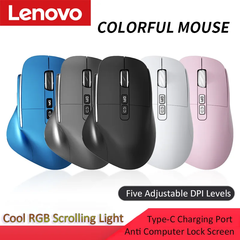 Lenovo 3 Mode Wireless Mouse Bluetooth 5.3+2.4G+Wired Ergonomic RGB Gaming Mouse with Macro Keys Rechargeable for Office Gaming