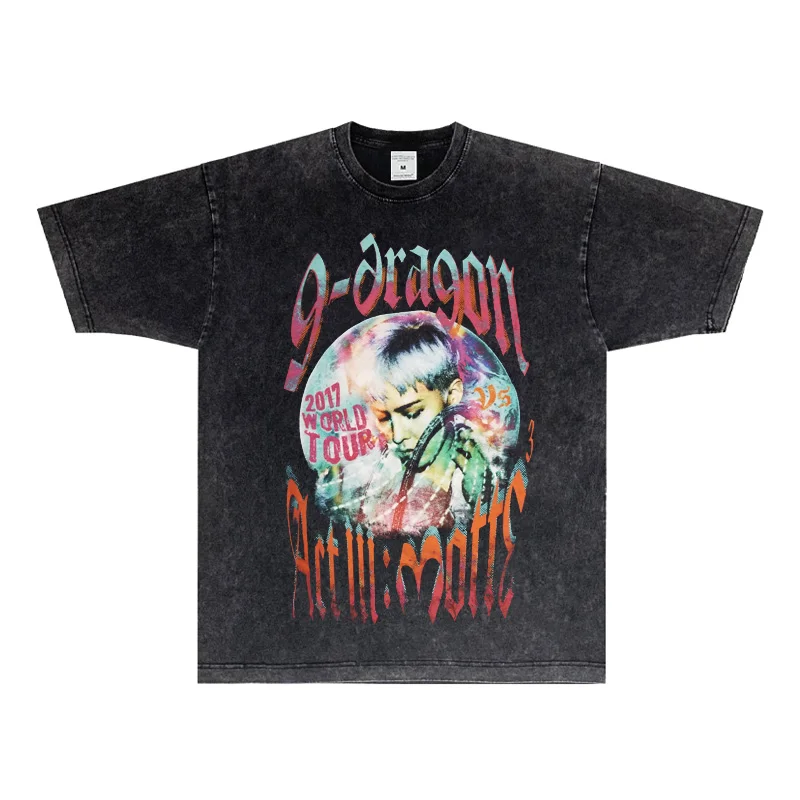 2025 New G-DRAGON Quanzhilong Portrait Print Short Sleeve Heavy Small Neckline Vintage Pure Cotton Breathable T-shirt