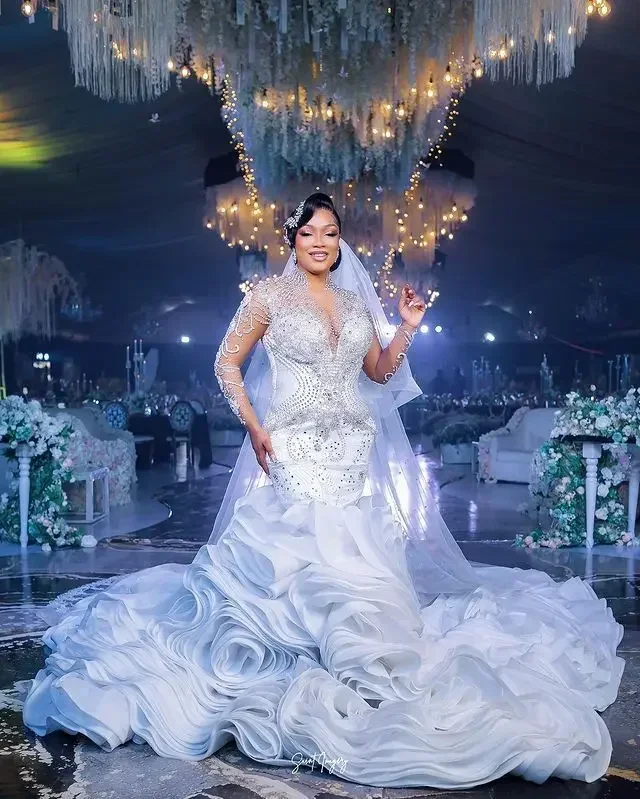 

Customized Arabic Aso Ebi White Mermaid Wedding Dress Beaded Crystals Ruffle Detachable Train Bridal Gowns Dresses