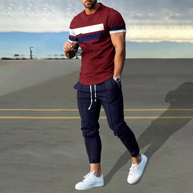 

2 Pieces Set Men Tracksuit Tops Trousers Sportswear Suit Short Sleeve T Shirt Long Sweatpants Streetwear Men Clothing