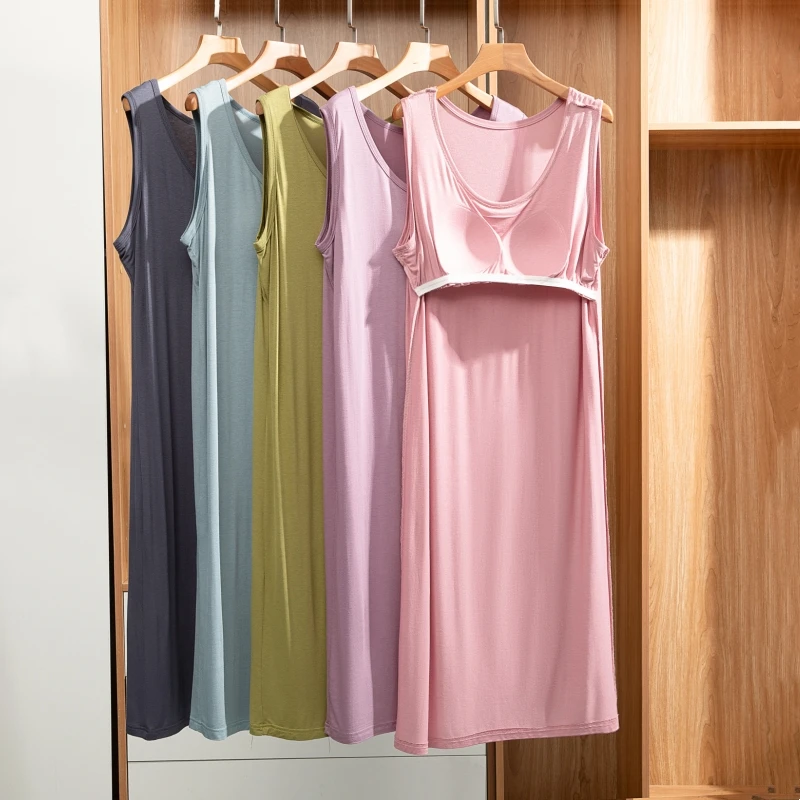 Women's Modal One-Piece Sleep Dress with Chest Pad Thin Vest Dress Large Size Home Clothes Breathable Summer Casual Home