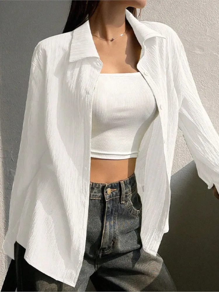 

Повседневная свободная белая рубашка женская, осень-зима 2022, блузка с длинным рукавом и отложным воротником на пуговицах, элегантные топы