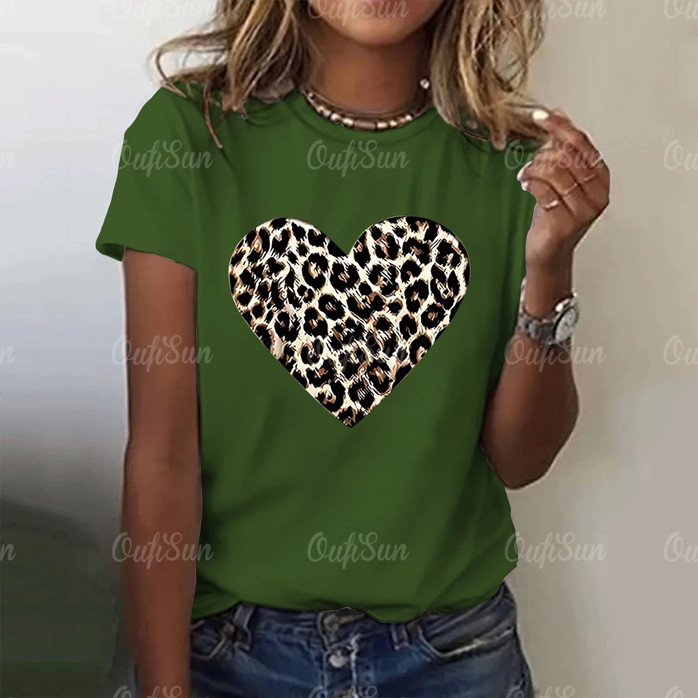 Camisetas con estampado de leopardo para mujer, ropa holgada informal de manga corta, corazón de amor con patrón de Jersey, Verano