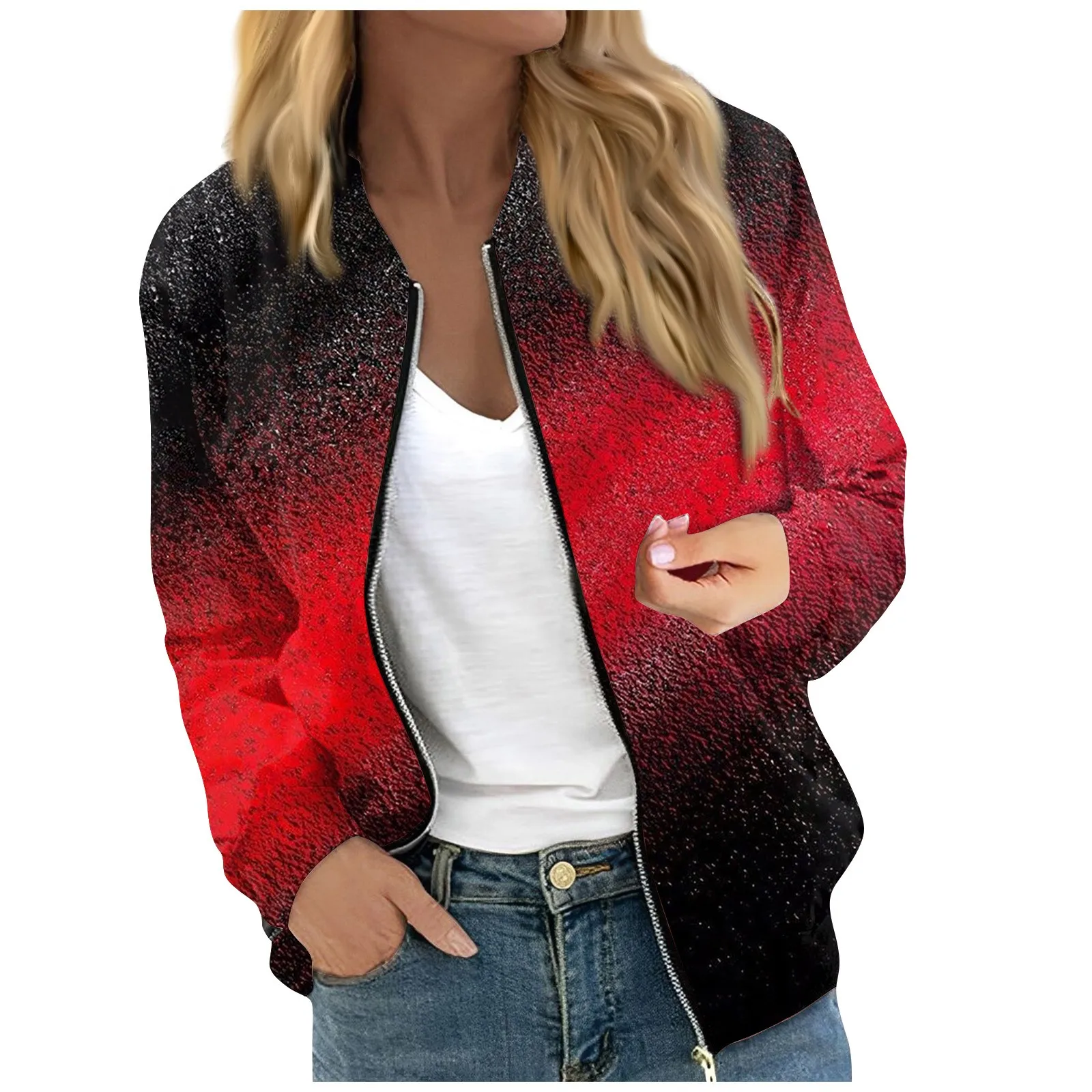 

Women'S Fashion Casual Long Sleeved Color/Gradient Printed Round Neck Zipper High-Quality Jacket Thickened Warm Jacket 블라우스