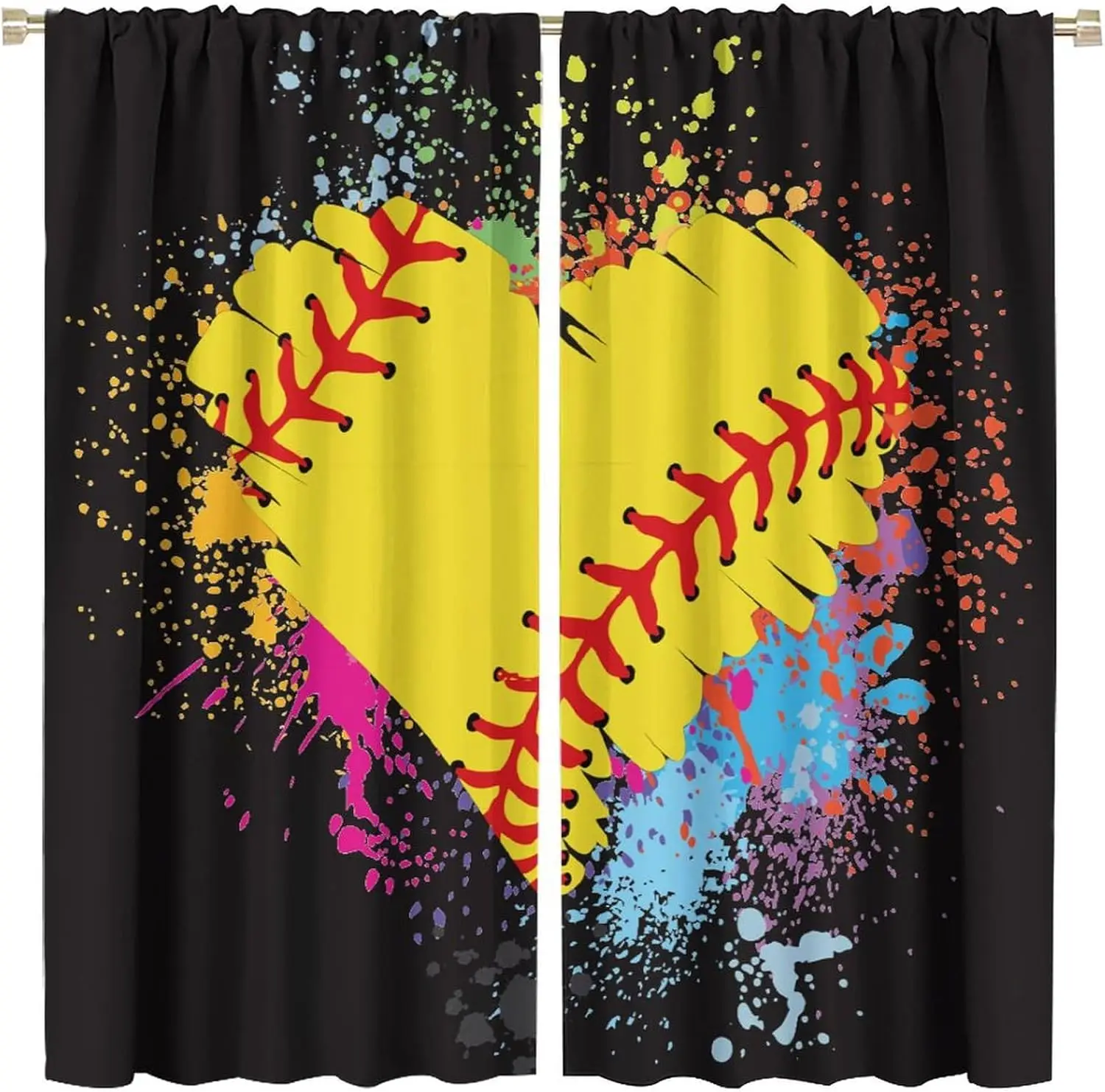 Heart Softball Splash Theme Curtain 2 Panels Black Base Color Ink Splash Heart Softball Print Window Curtain Sporty Home Decor