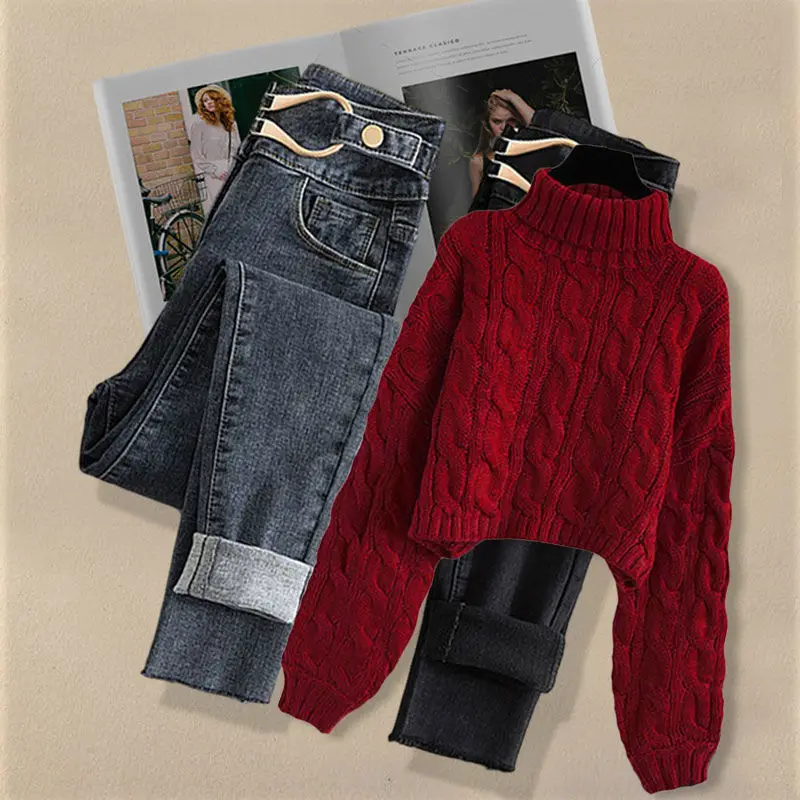 

plus Size Denim Set Women's Cisas Slimming Meat Covering Red New Year Sweater Pencil Pants Two Piece Set Commute Sle