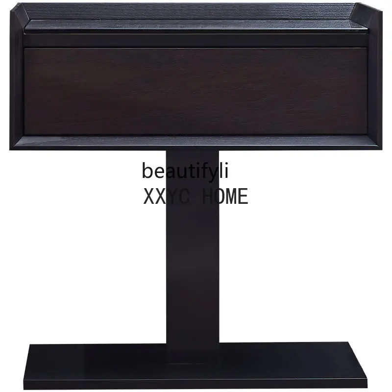 

Italian Minimalist Black Solid Wood Bedside Cabinet Glass Surface Red Oak Bedside Cabinet Modern Bedroom Storage Cabinet