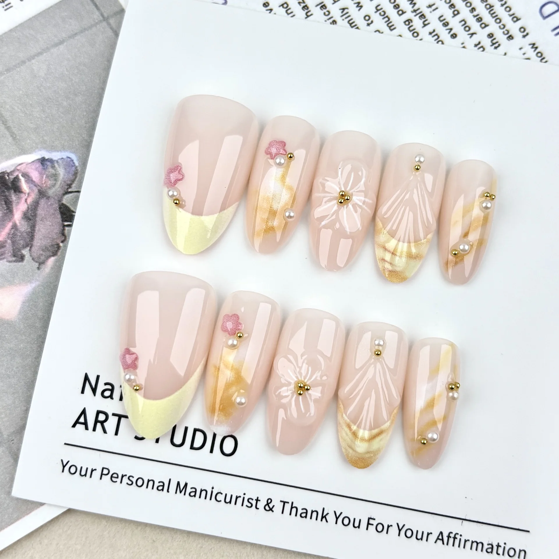 24PCS Gentle Soft French Press on Nails 3D Flower False Nails with Pearl Gold Bead False Nails Almond Shaped Acrylic Nail Tips