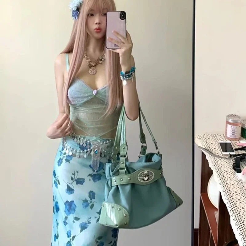 Bolso de hombro tipo tote retro con empalme de diamantes azul celeste para chica, novedad 2026