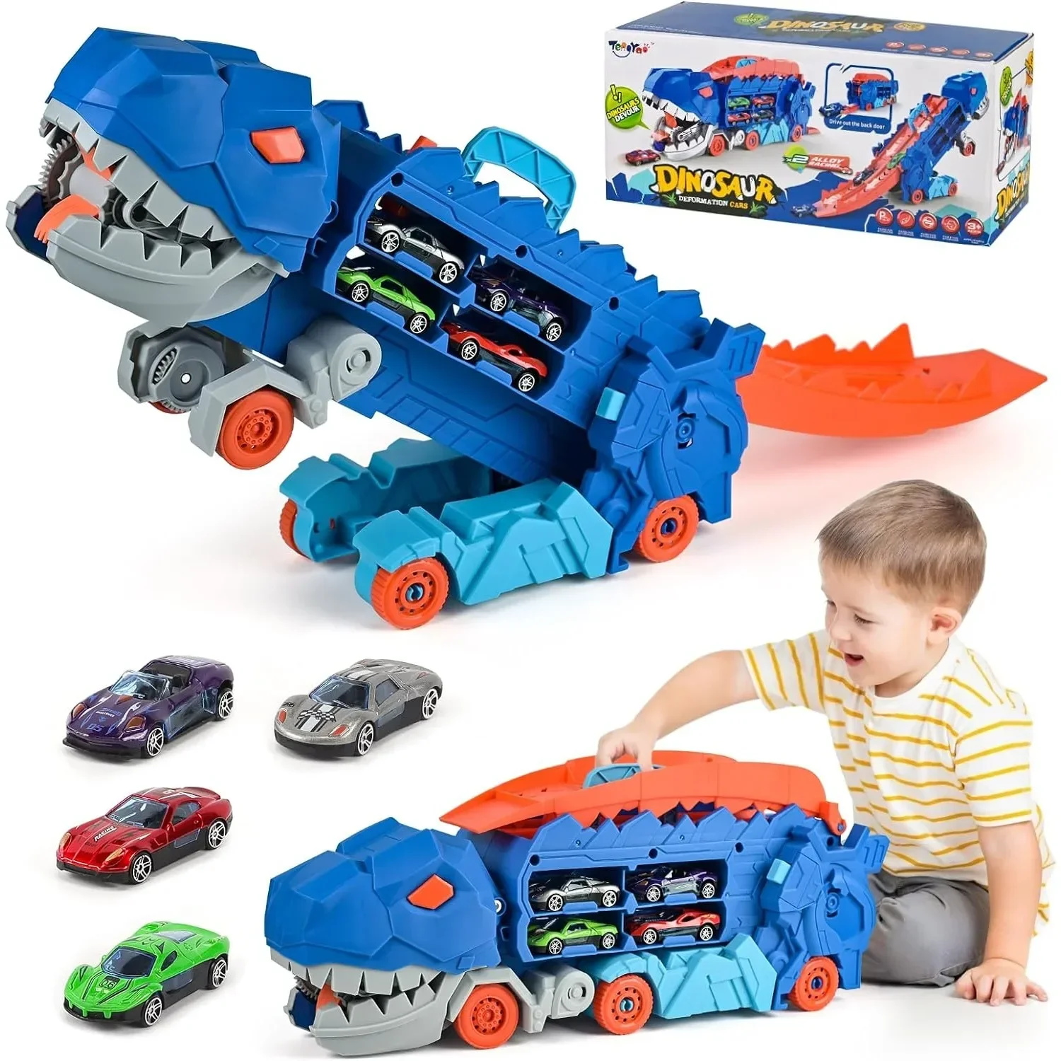 Transport Dinosaur Truck with Foldable Sliding Race Track Transforms into Standing T-rex Best Birthday Gifts Toys Boys Girls