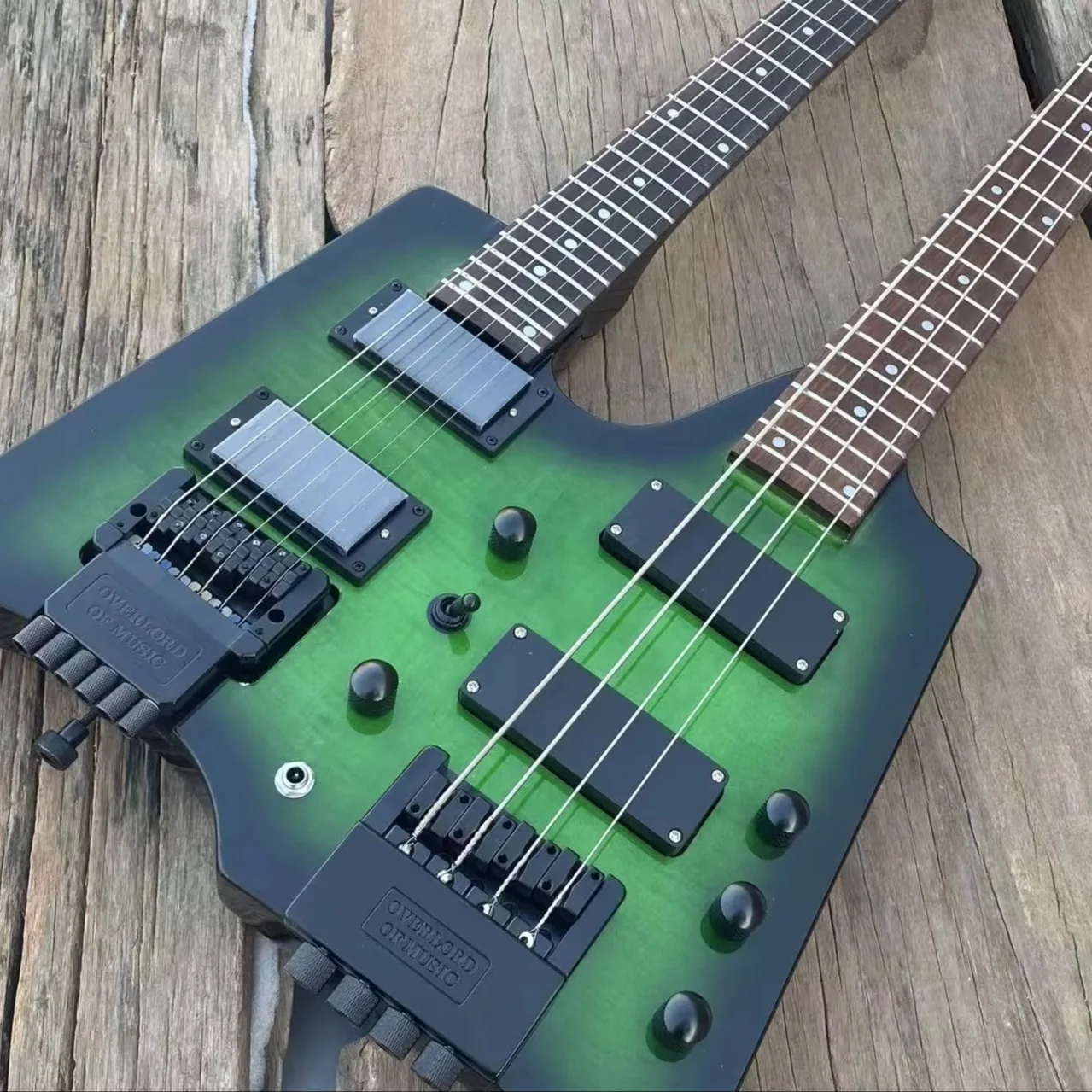 Green Burst Double Neck Headless Electric Guitar Tremolo Bridge 6 String Guitar + 4 String Bass 24 Frets Black Hardware Guitarra