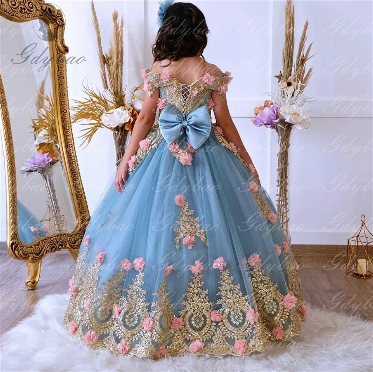 3D Floral Appliqué Girl Dress Little Princess Wedding Party Flower Girl Dress Formal Event Kids Gifts Customized