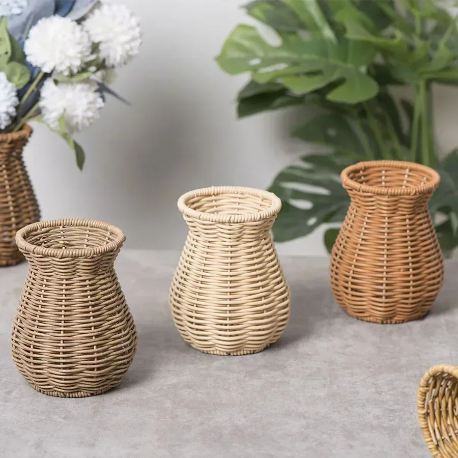 

Hand Woven Indoor Desktop Cabinet Decoration Vase Plastic Vine Vase Flower Rattan Storage Basket Party Nordic Style Home Decor