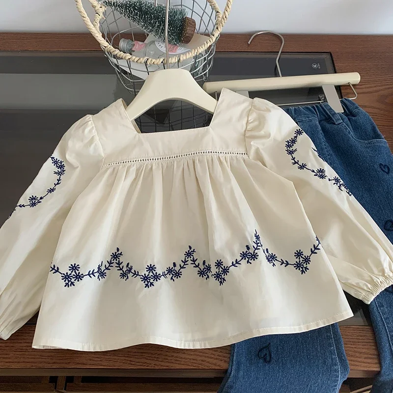 MILANCEL Girls Fashion Clothes Set  2-7 Y Autumn Children\'s Embroidered Square Collar Blouse and Heart Jeans 2Pcs Suit