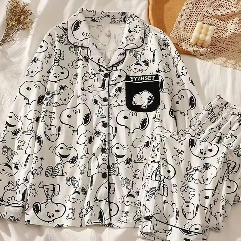 Inspired By Peanuts Snoopy Long Sleeve Open Lapel Shirt Long Trousers Black White Sketch Cartoon Dog Print Homewear Pajama Suit