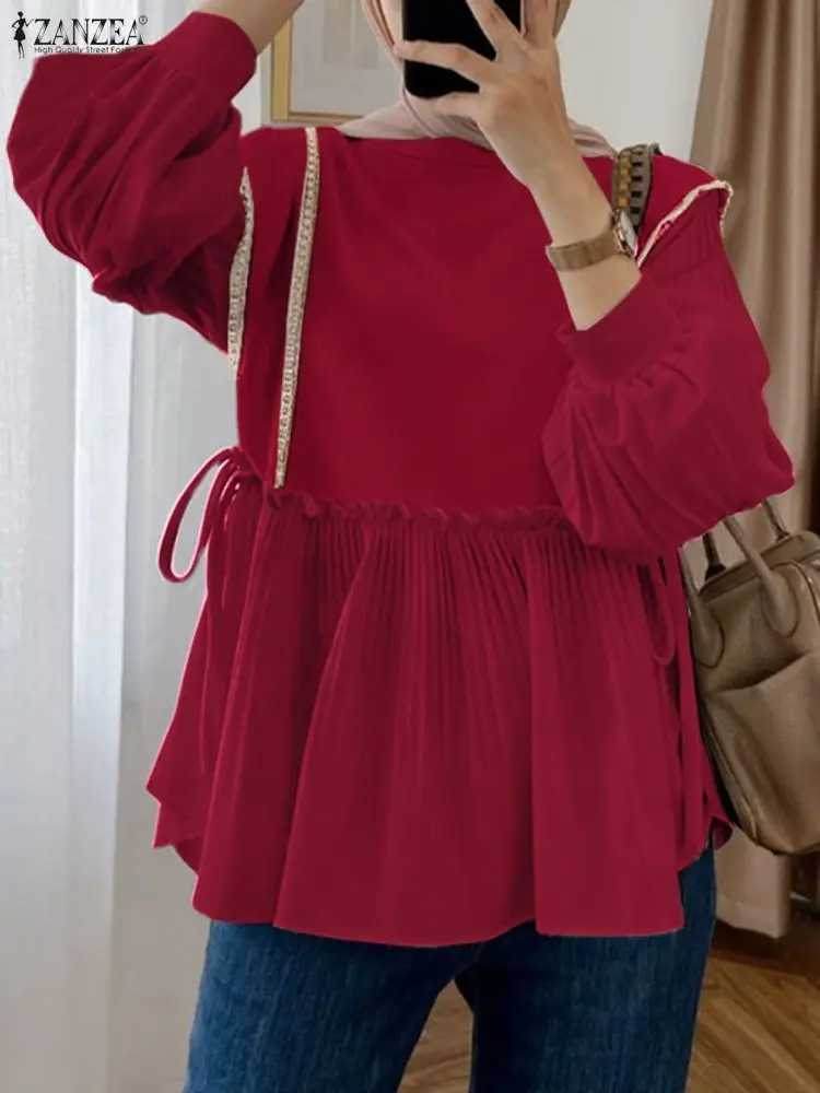 ZANZEA Donna Autunno Patchwork Camicetta 2025 Camicia moda musulmana Pullover a pieghe Mujer Femme Elegante manica lunga a lanterna Top