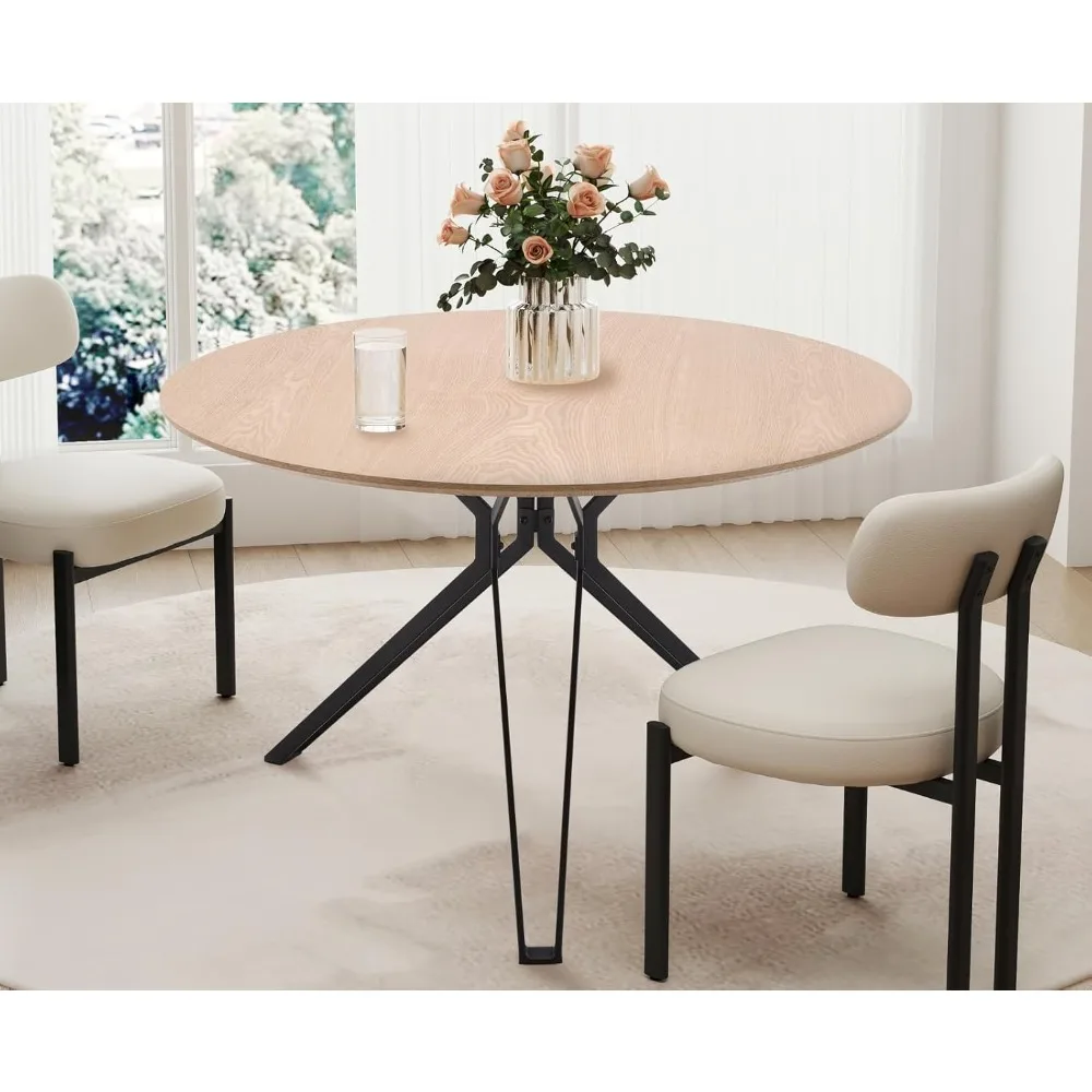 47-inch 4-6 person round dining table, natural wood dining table, modern round kitchen table, metal legs, wooden dining table