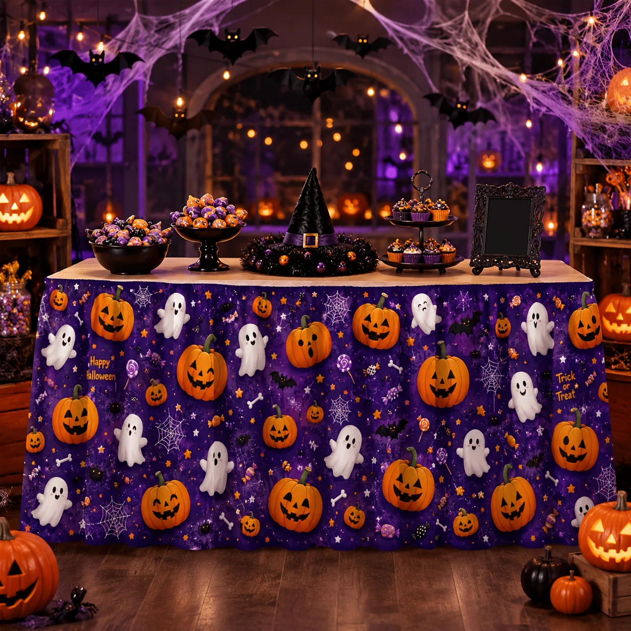 One-piece tablecloth and table runner with seamless pattern for Halloween, featuring Jack O' Lanterns.zyc