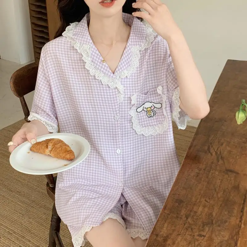 Pajamas Lady Summer Plaid Cinnamoroll Mymelody Pompom Purin Short-Sleeved Two-Piece Suit Ins Cartoon Sweet Cute Student Homewear