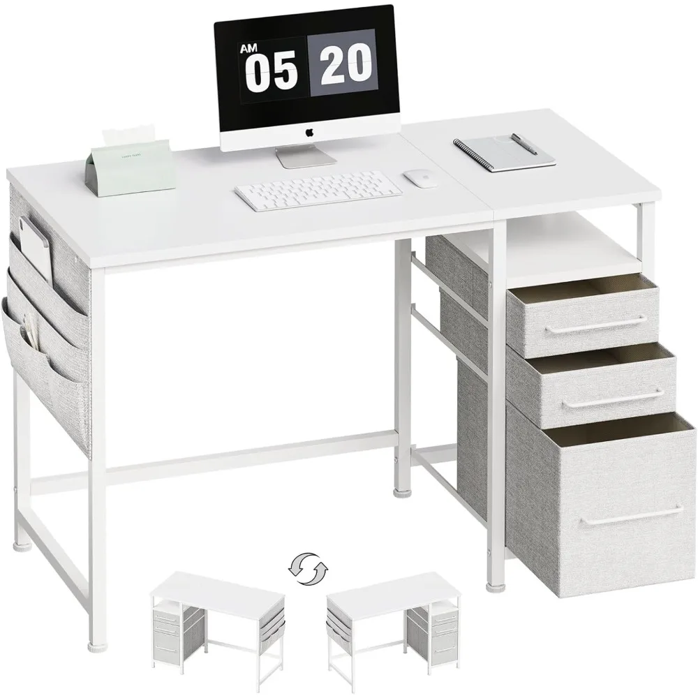 

Small Desk with Drawers, 40 inch Computer Desk with Shelves, Writing with Storage, Small Office with Metal Frame
