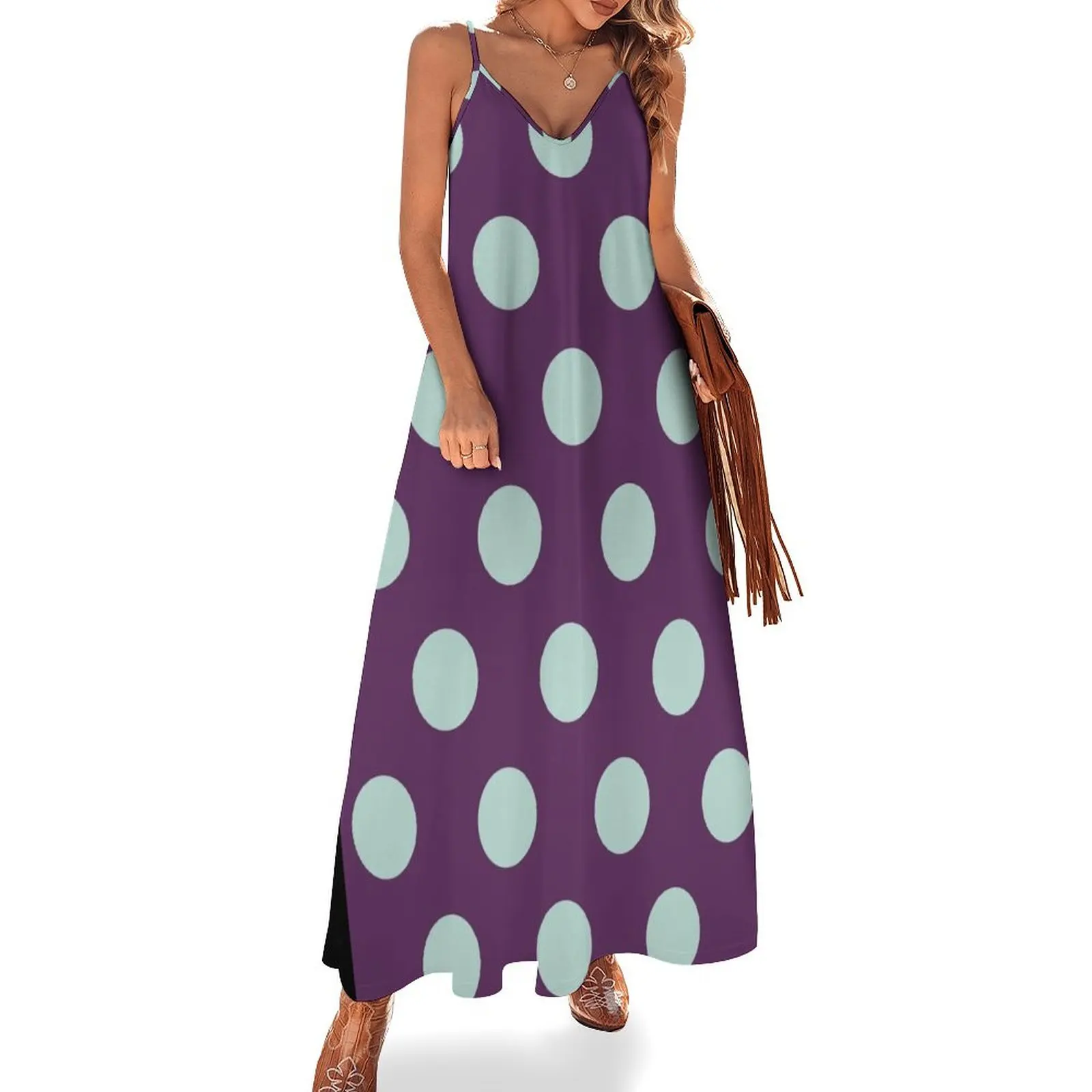 

Large MINT GREEN and AUBERGINE PURPLE POLKA DOTS Sleeveless Dress luxury woman party dress dresses for womens Women's long dress