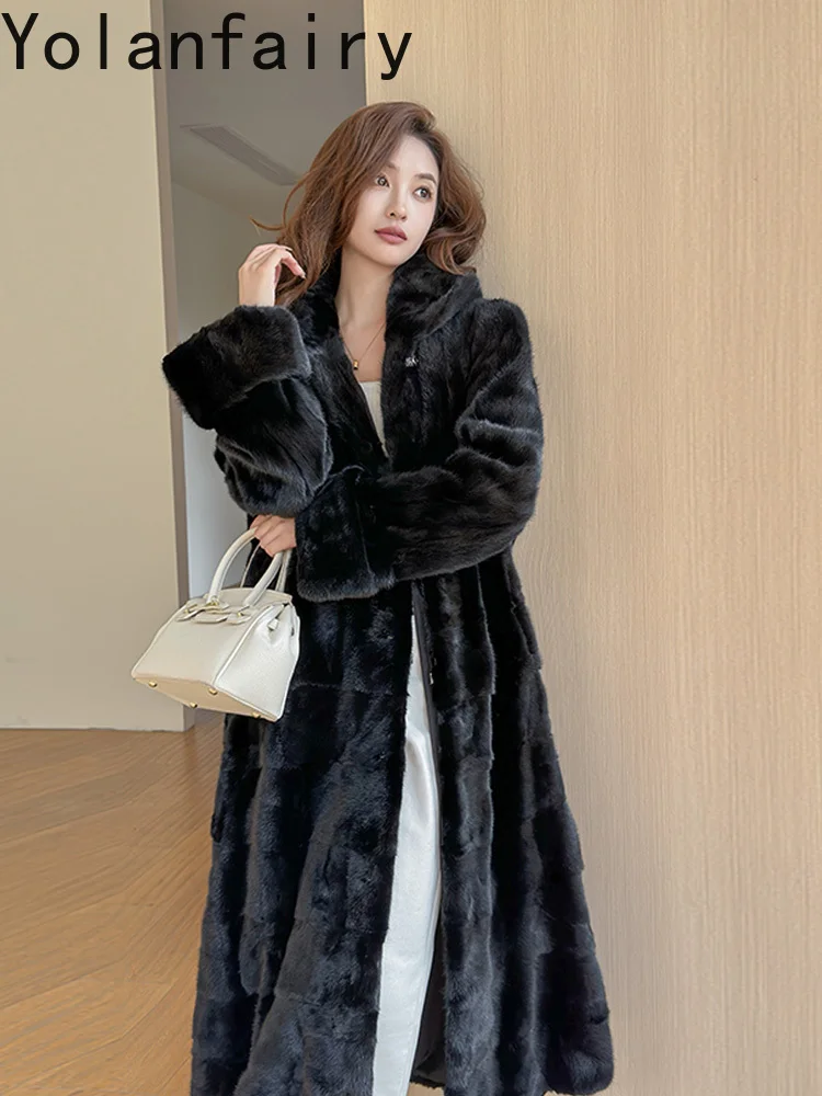 YOLANFAIRY Top Quality Splicing Pieces of Mink Fur Jacket for Women Winter Long Natural Fur Coat with Hood Woman Black Fur Coats