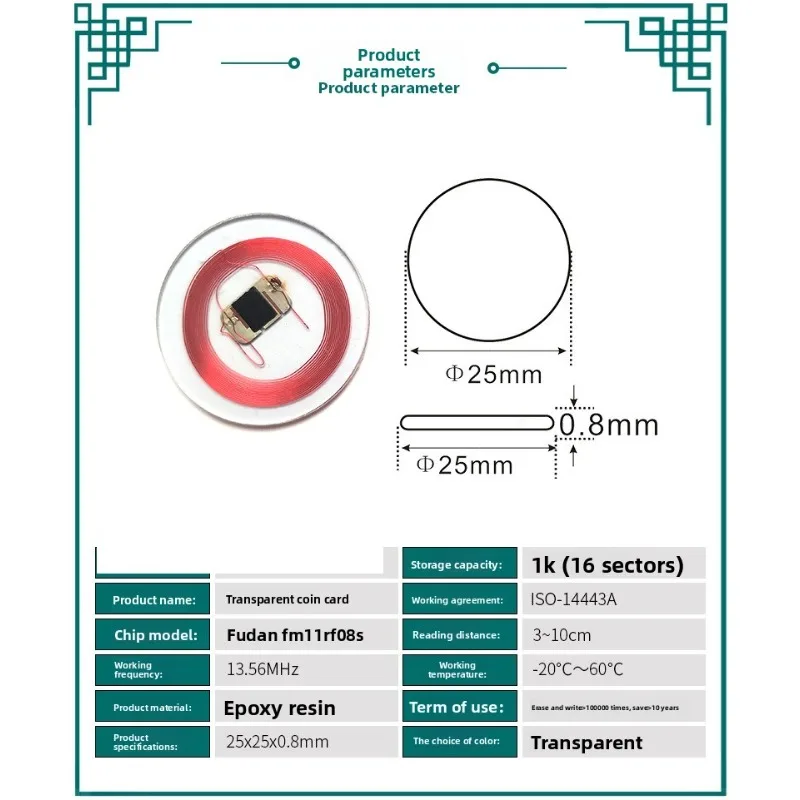 CUID Tag Gen2 Electronic Rewritable Smart Key NFC Clone Token 13.56Mhz 1K S50 ISO14443 Changeable Transparent Coin Magic Card
