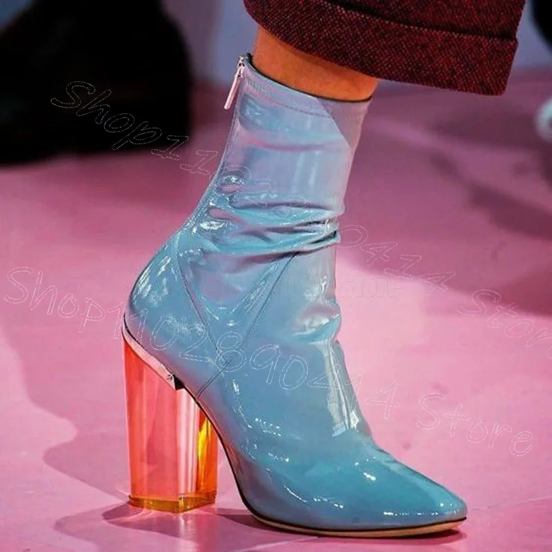 

Sky Blue Pointed Toe Clear Heel Runway Boots Back Zipper Women Shoes Chunky High Heels Party Banquet 2024 Zapatos Para Mujere