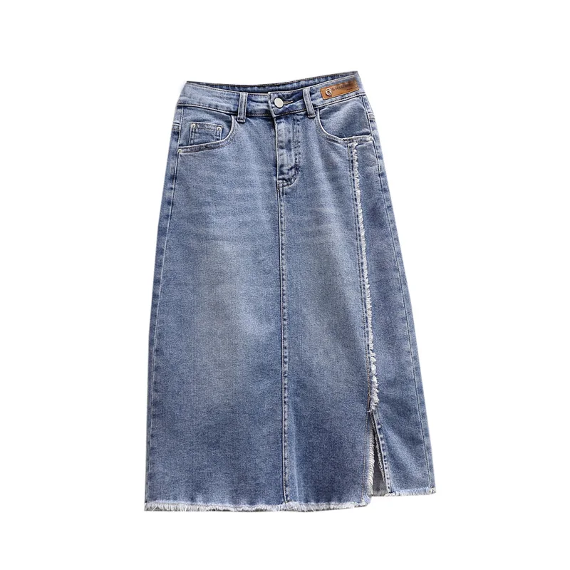 Джинсовая юбка трапециевидной формы с высокой талией и разрезом средней длины, летняя тонкая женская юбка больших размеров Faion Commute Sle Pure Color Artistic ket