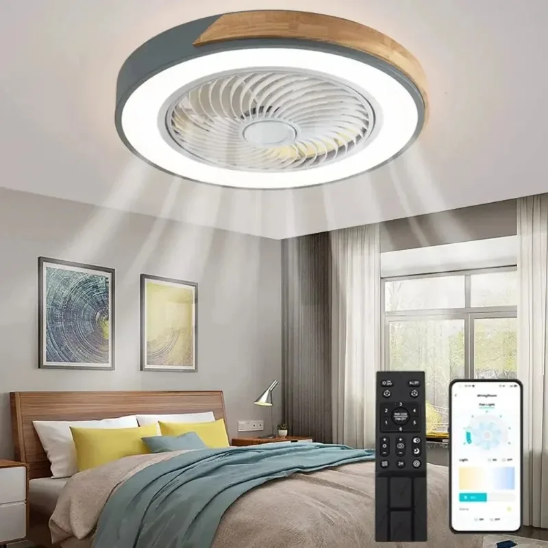 Ventiladores de teto inteligentes com luz para sala de estar, lâminas de jantar, reversíveis, 6 velocidades, 52cm, iluminação, 36W, piso baixo, lâmpada