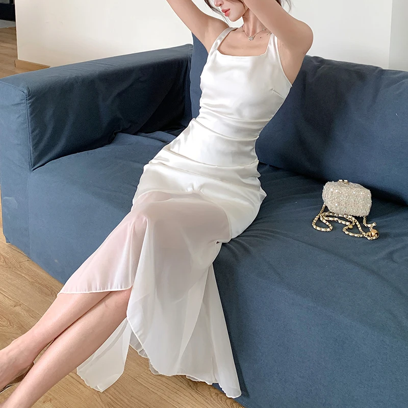 U ネックステインドレス U ネックノースリーブベストドレス夏の女性スパゲッティストラップフィッシュテールマーメイドドレスクラブパーティーボディコンメッシュドレス