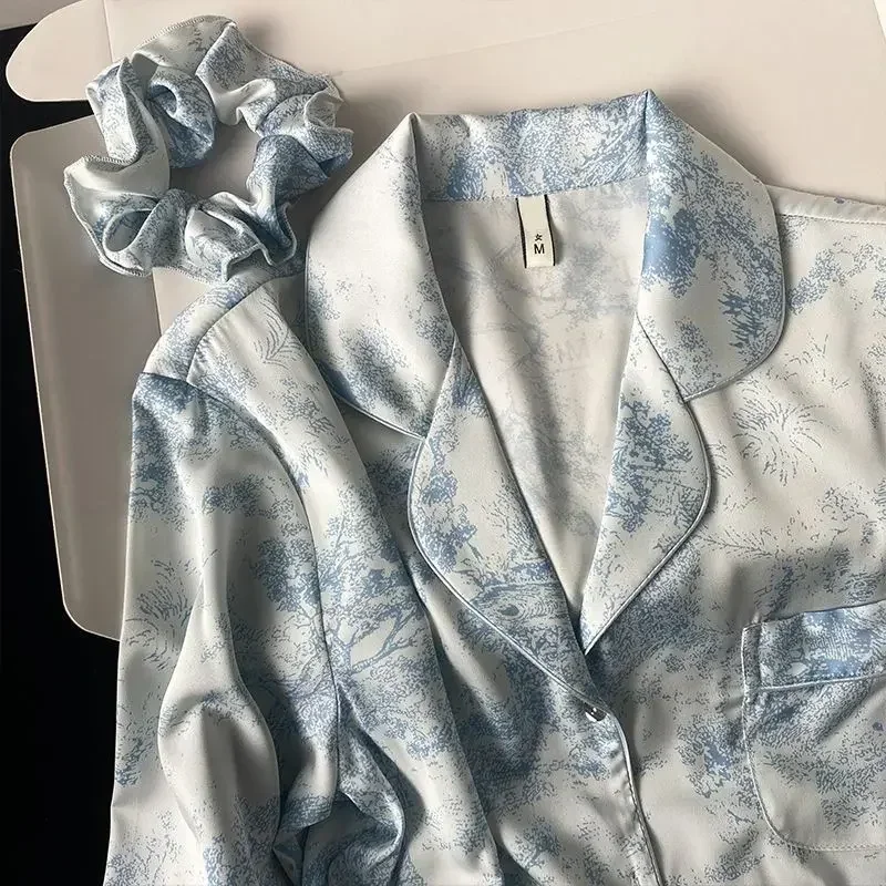 Conjunto de pijama holgado de marca para mujer, ropa de dormir de lujo con estampado de seda sintética lisa, ropa de casa, ropa de noche, trajes de