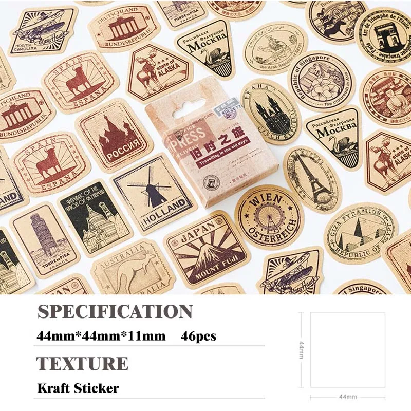 46Pcs/Box Old Times Series Kraft Paper Stickers Vintage Decorative Album Diary Label Decor Stationery Stickers Scrapbook DIY Toy