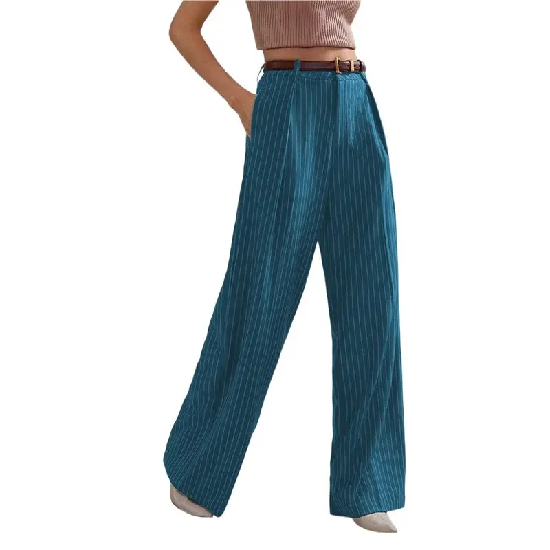 

Брюки-пинстрепы CYL для женщин, с высокой талией, широкими штанинами, карманами и складками, деловые брюки