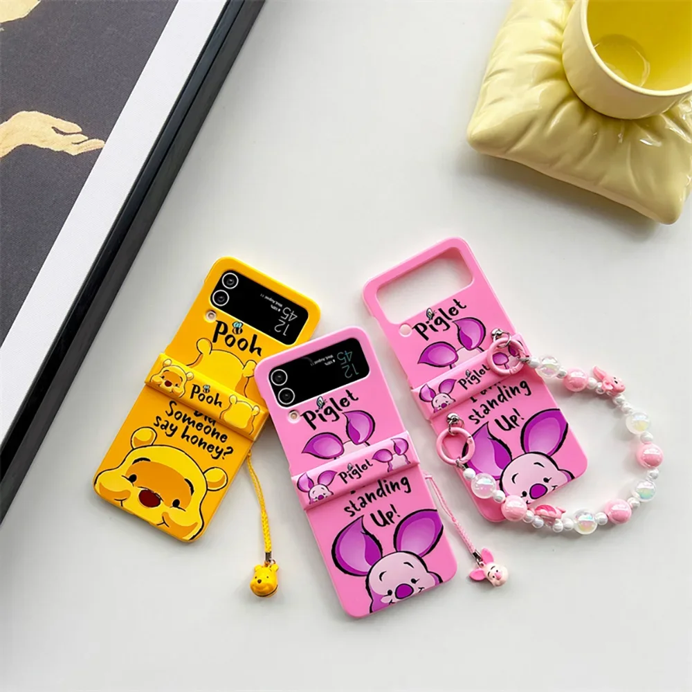 Hot Disneies Cute Winnie with Lanyard Phone Case for Samsung Galaxy Z Flip 3 4 Z Flip 5 6 5G PC Hard Anti-drop Back Cover Funda