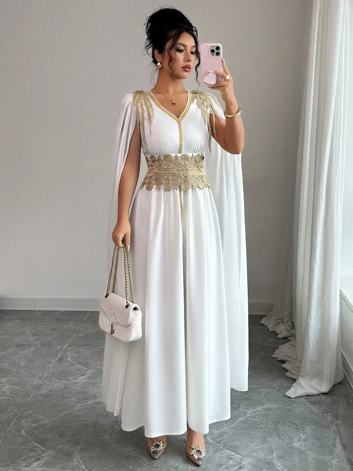 

White Elegant V-Neck Cape Sleeve Maxi Dress with Gold Embroidery Belt
