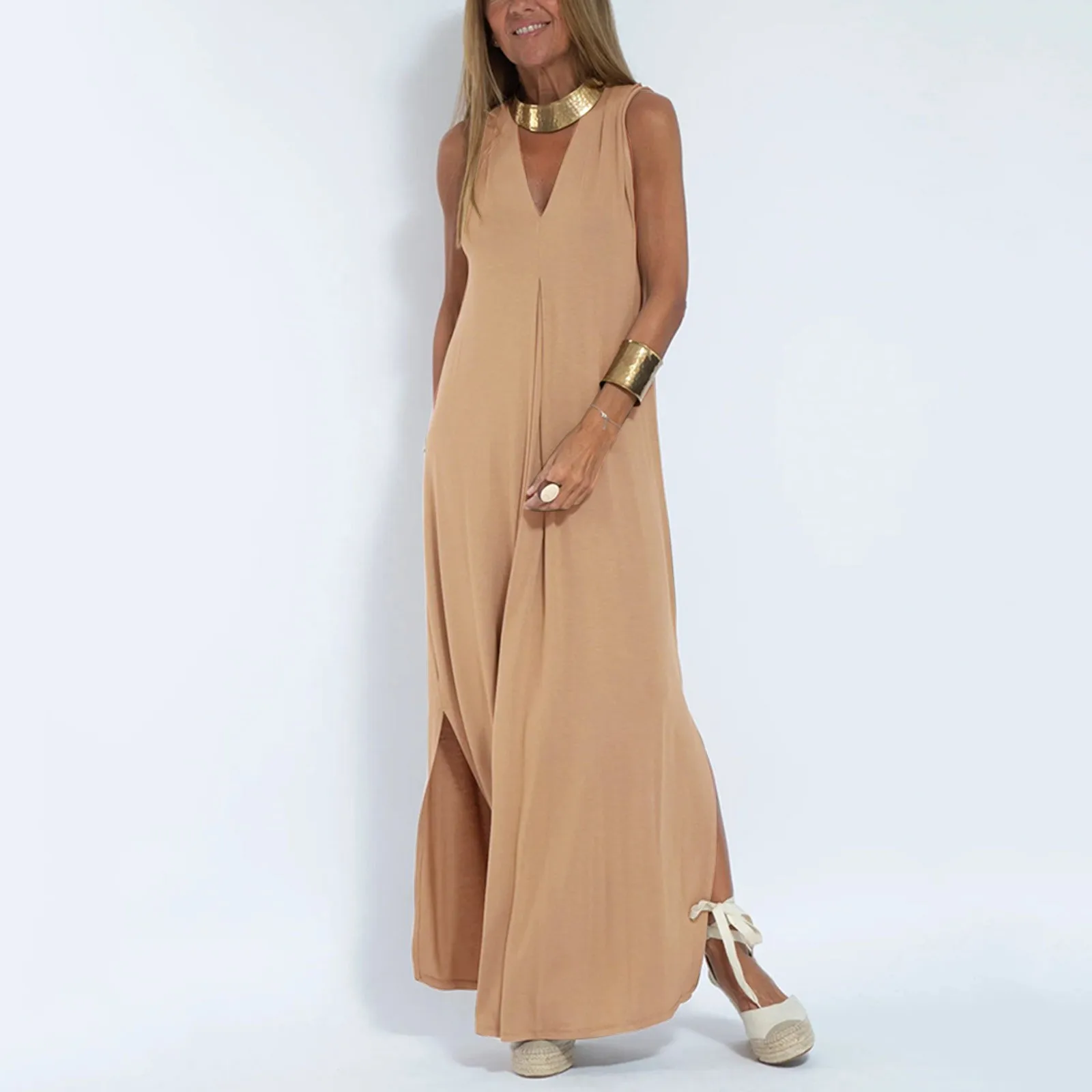 Women V Neck Solid Color Sleeveless Pullover Drape Casual Elegant Slit Dress Dress for Women below Knees