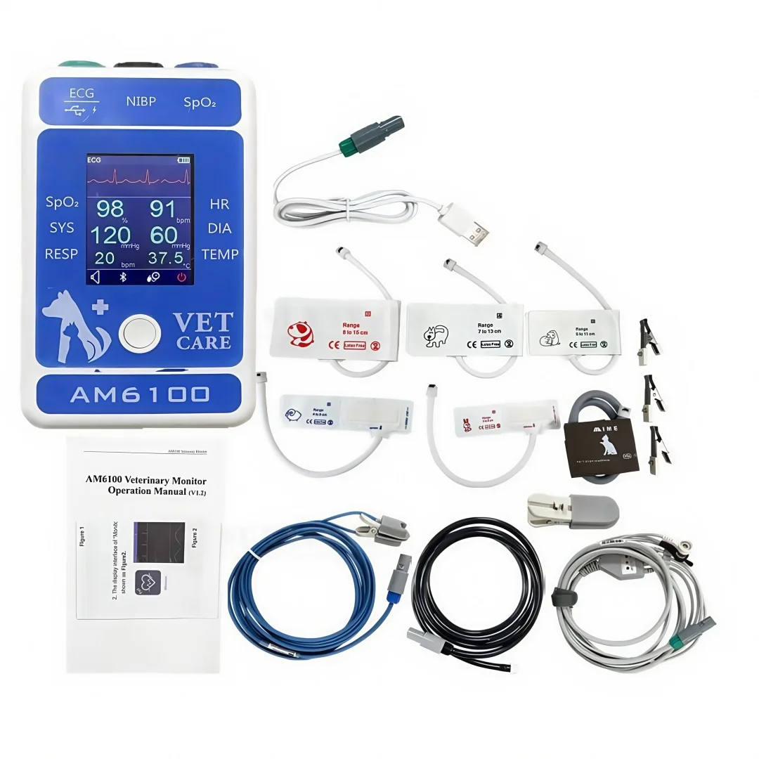 

Am6100 veterinary monitor accessories can handle animal vital signs: PR, HR, NIBP (blood pressure) Spo2、 Breathing TEM