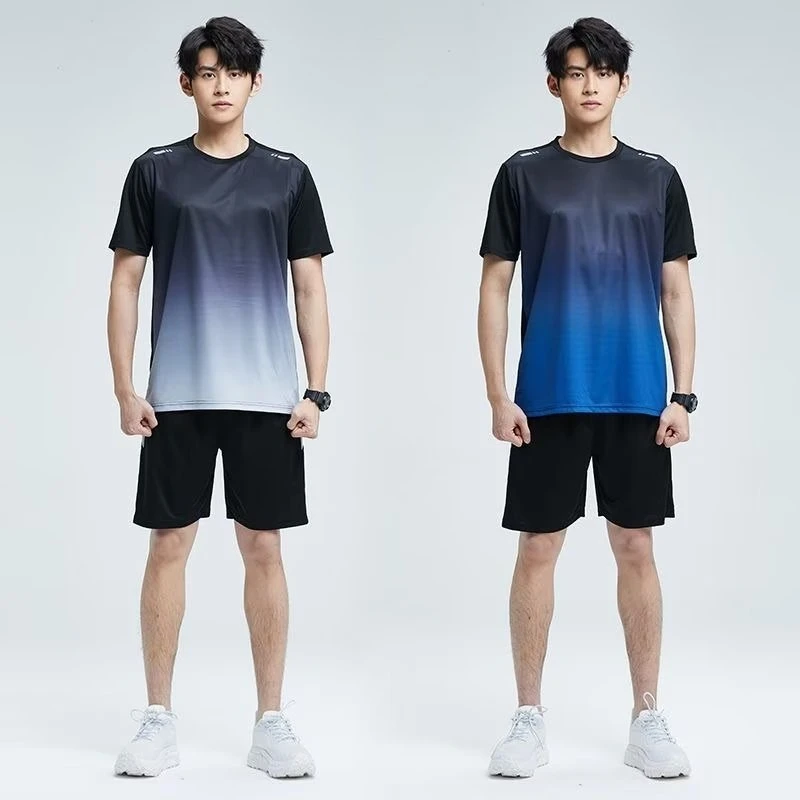 Fitness Clothes Men\'s LCE Silk Quick-Dry Sportswear Set Summer Short-sleeyed T-shirt Morning Running Basketball Training Room