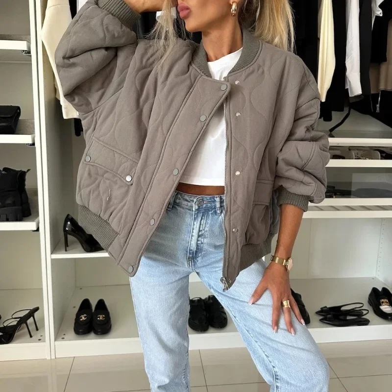 

2025 новые модные повседневные пальто, зимние однотонные однобортные однобортные пальто с длинными рукавами и воротником-стойкой с большими карманами на молнии, женская куртка