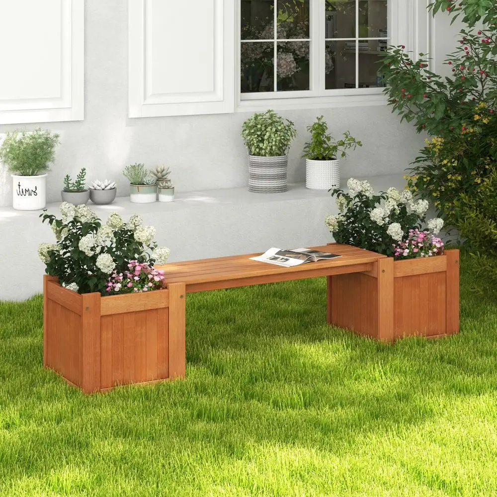 

Wood Garden Bench with Planter Boxes, Raised Garden Bed with OpenEnded Base, Teak Oil Finish, Patio Planter Box Bench, Outdoor P